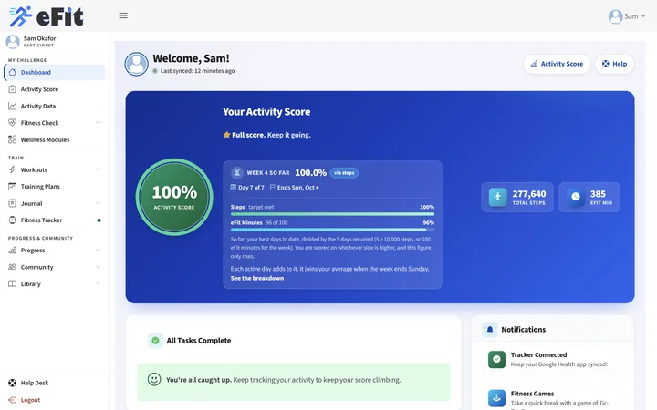 Remote employee dashboard with synced steps and active minutes