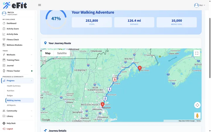 Walking Journey map from Westfield Campus to Acadia National Park