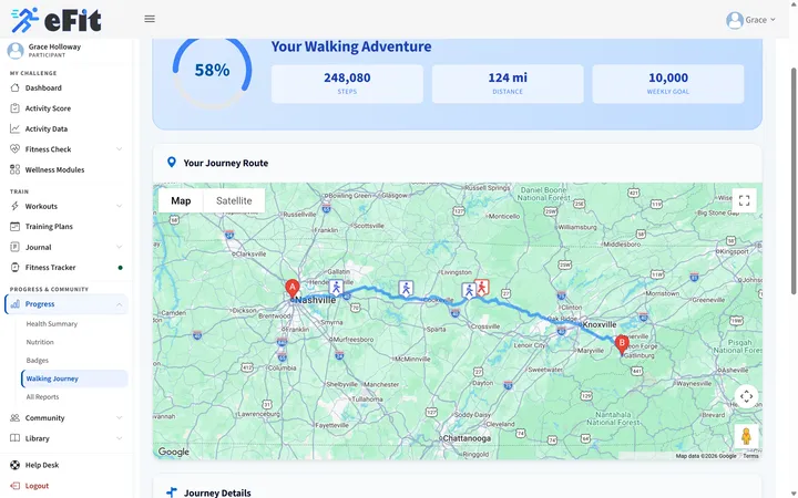 Walking Journey map from Cornerstone Church to Gatlinburg