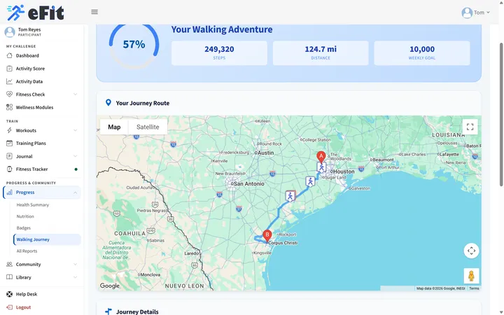 Walking Journey map from Lakeside Clubhouse to Corpus Christi Beach